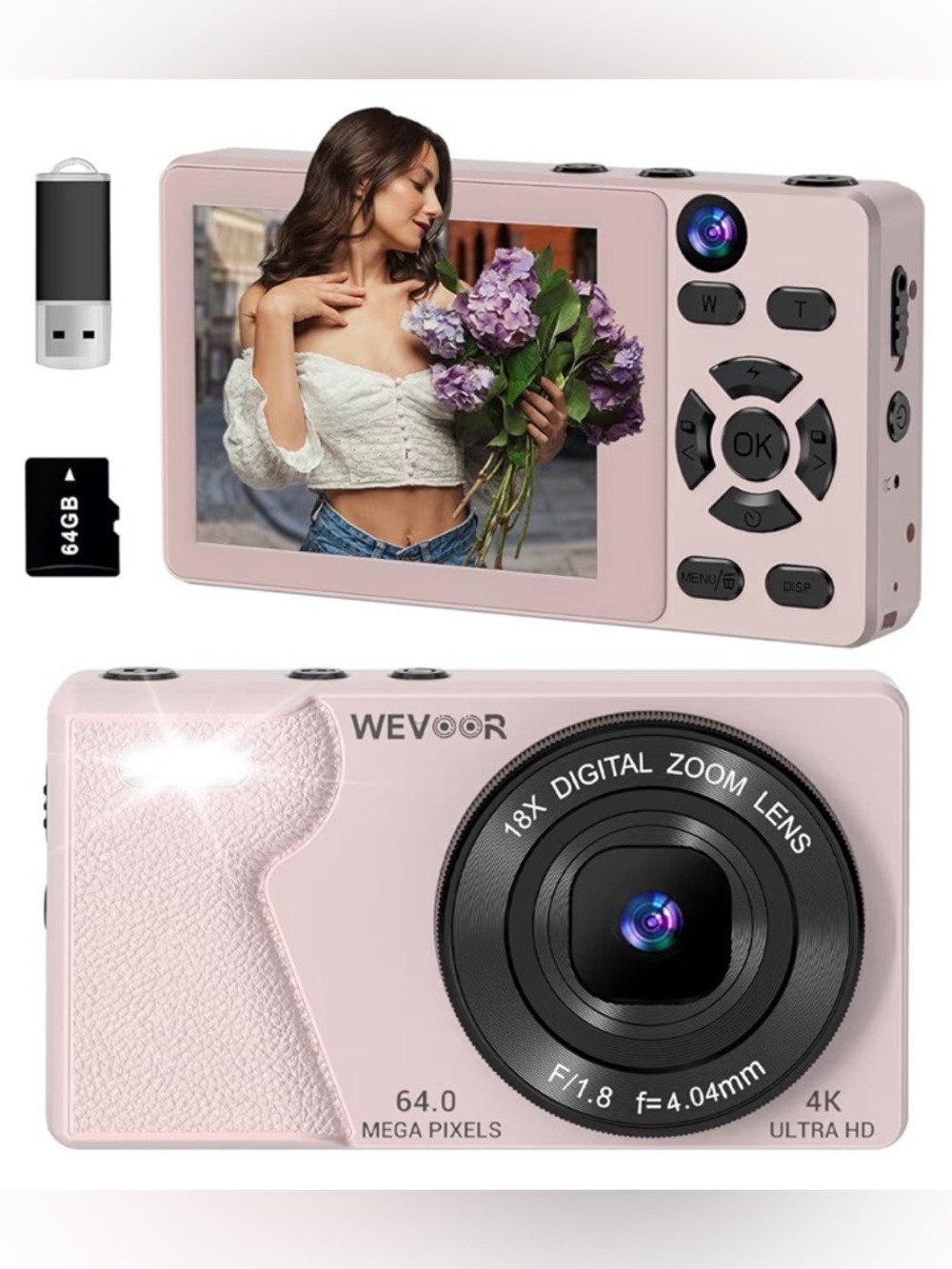 Pink Digital Camera 4K Ultra HD - 18x Zoom